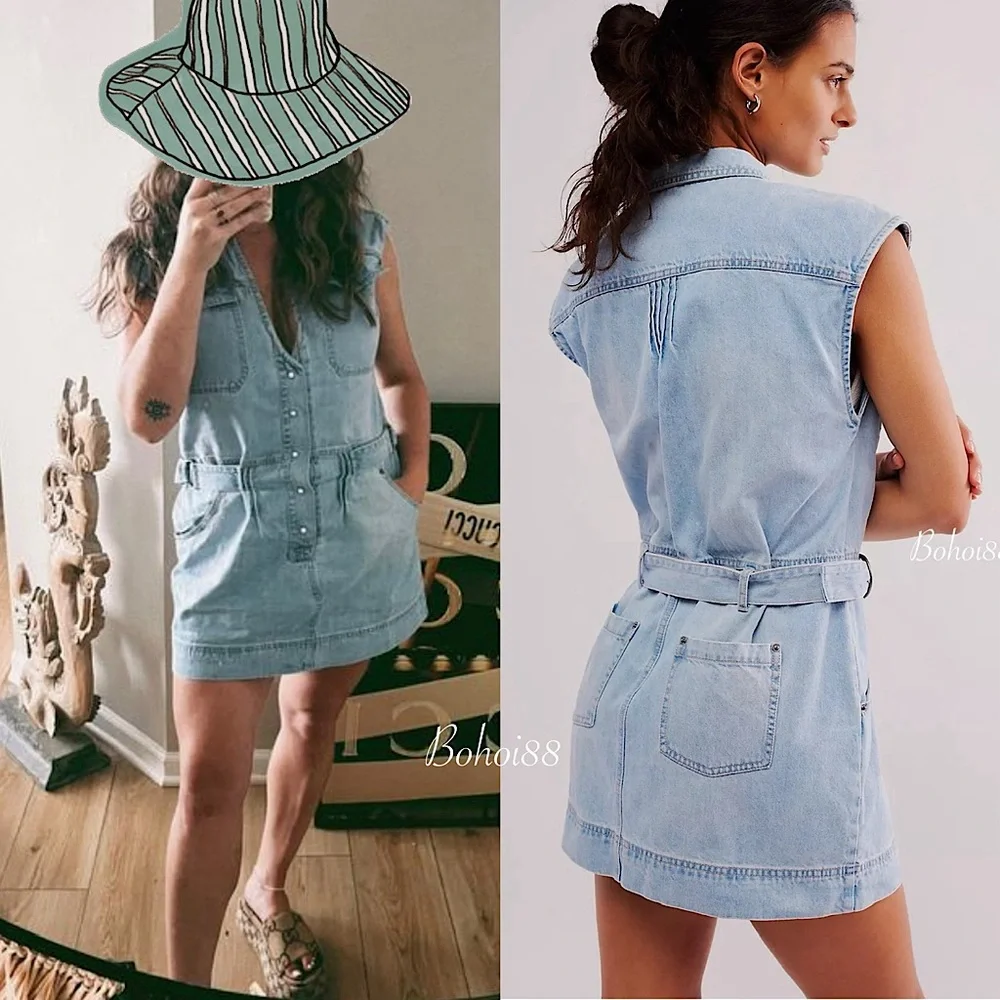NWT Free People Rowley Denim Mini Dress Belted Button Front Plunge V-Neck - Picture 10 of 11